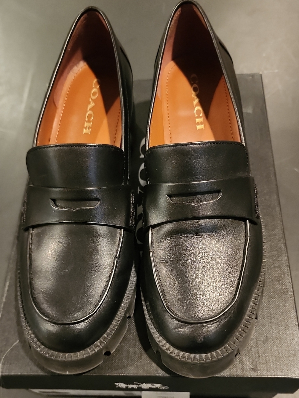 Coach Black Leather Penny Loafers with Tan Insole Accents